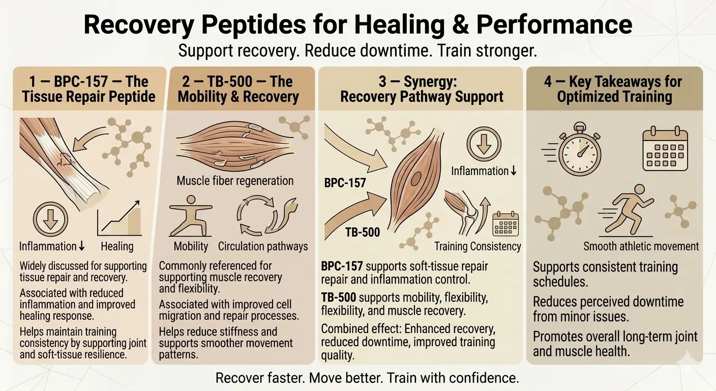 An infographic explaining recovery peptides for healing and performance in athletic training.