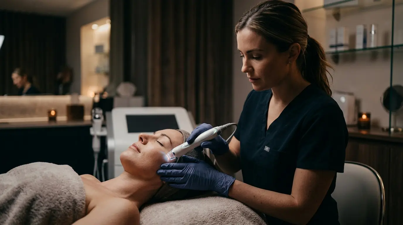 An aesthetician performing a skin treatment to ensure safety and compliance with advanced cellular therapies.