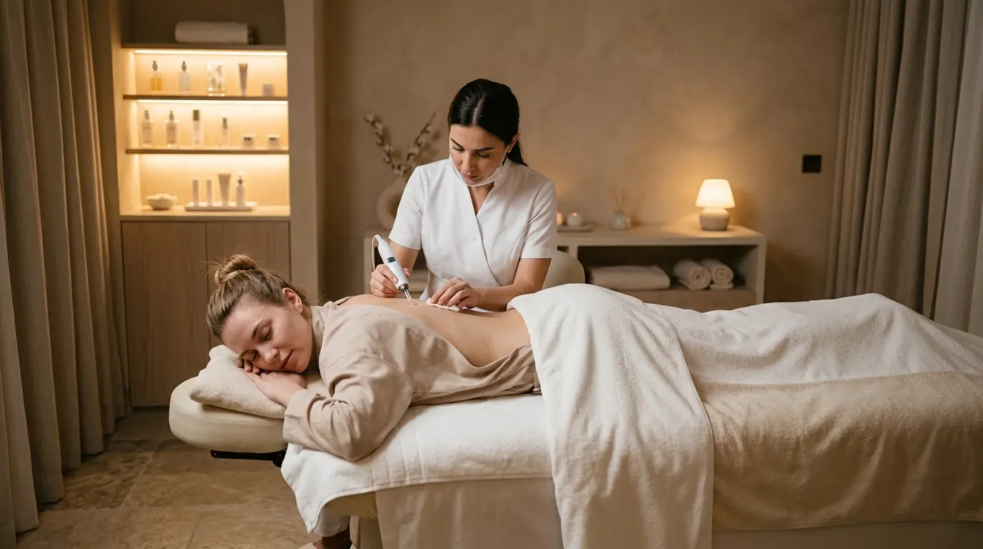 An aesthetician performing a Tailored To You Facial treatment on a client in a serene spa environment.