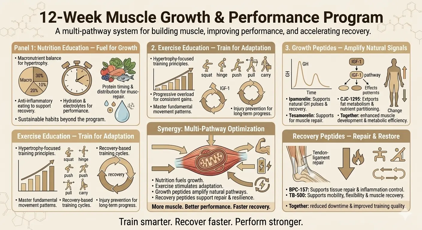 A detailed infographic outlining the 12-week muscle growth and performance program components.