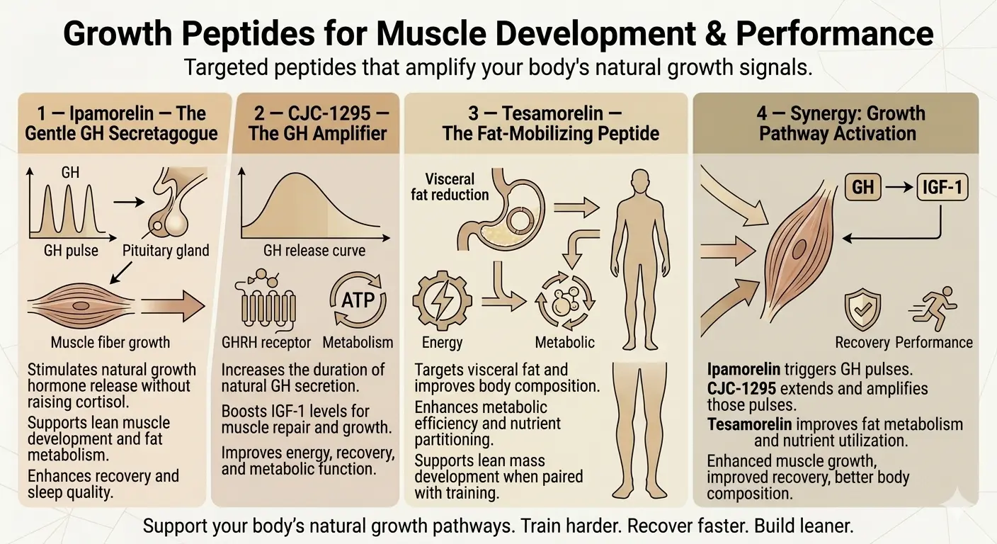 An infographic detailing growth peptides for muscle development and performance enhancement.