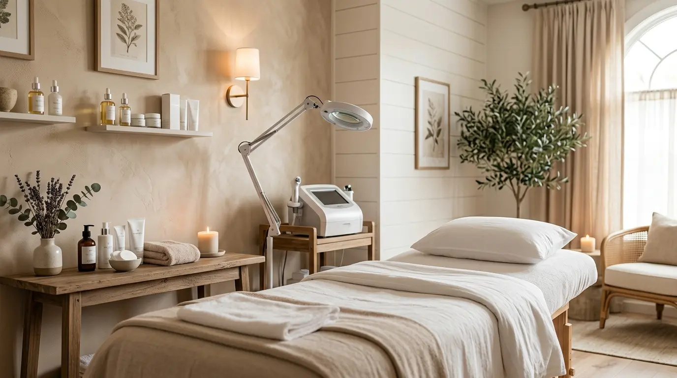 A serene treatment room set up for acne treatments with calming decor and skincare products displayed on shelves.