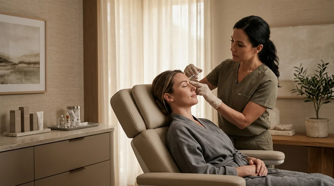 A licensed professional administering a Customized Relaxing Facial treatment with Botox to a client.
