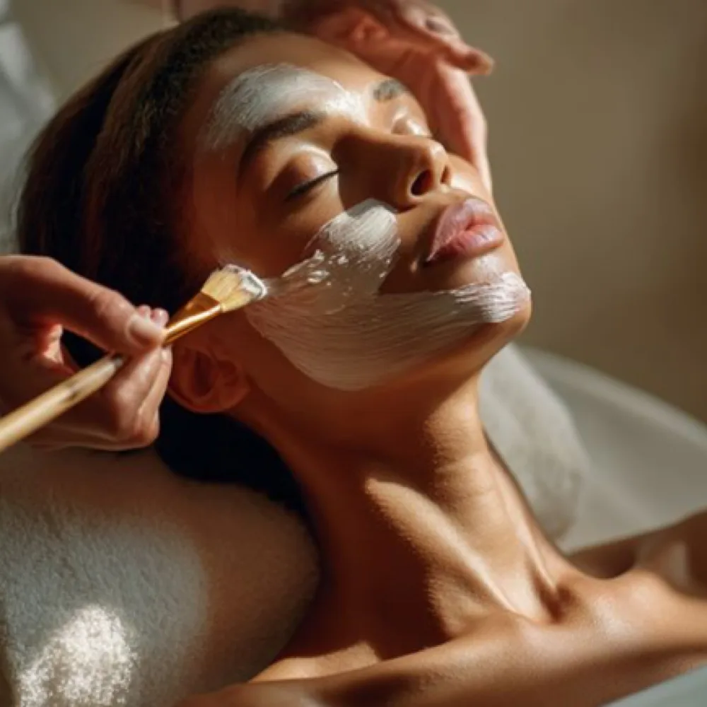 A client enjoying a Red Carpet Reset facial treatment with a calming mask being applied to her skin.
