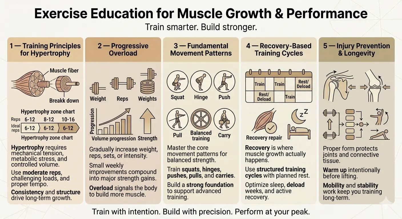 An infographic outlining exercise education principles for muscle growth and performance.