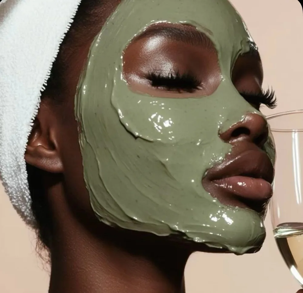 A client enjoying a Glo On The Go facial with a green treatment mask applied during a relaxing session.