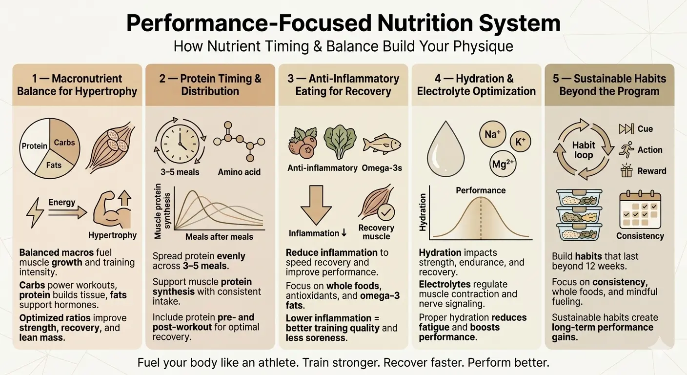 A visual guide illustrating the key components of a performance-focused nutrition system for athletes.
