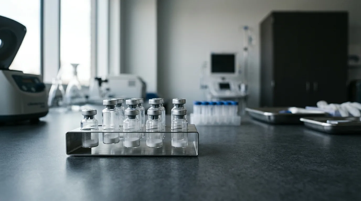 Vials of medication arranged on a lab counter for the physician-backed weight management program.